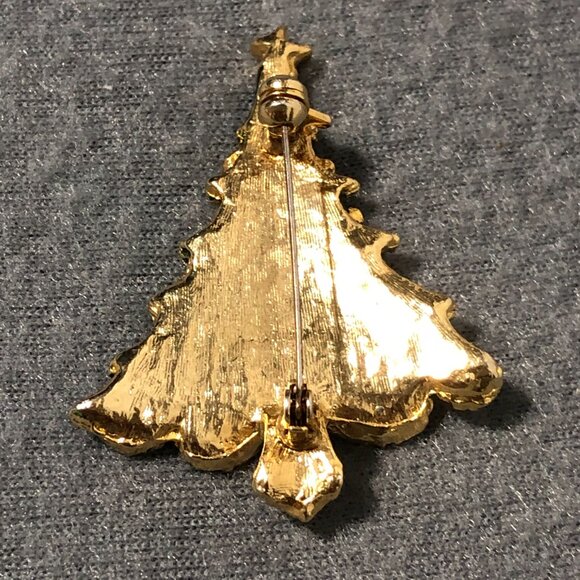Vintage Christmas Tree Gold Green Red Brooch Pin - Picture 2 of 4